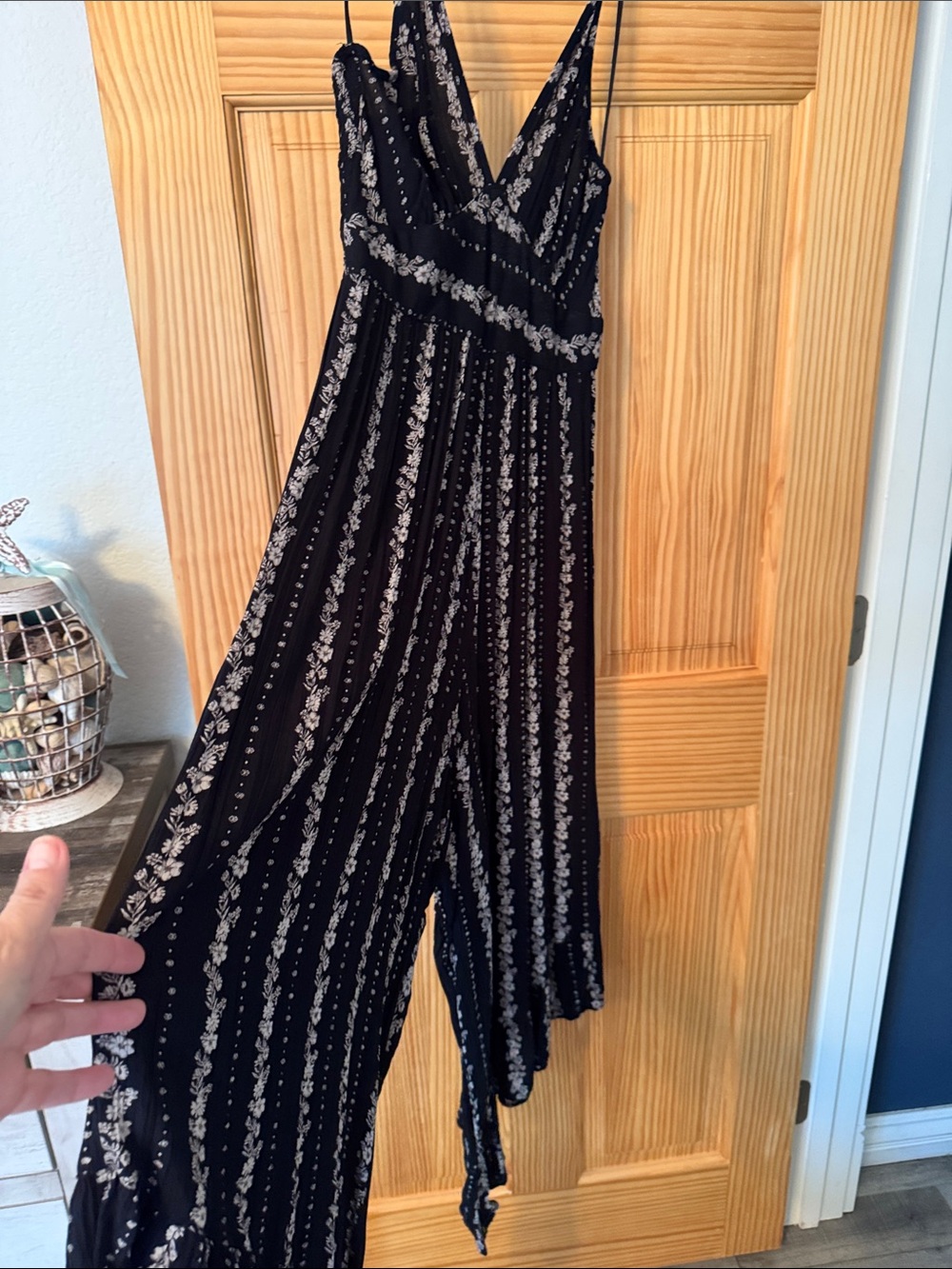 Angie Black Floral-Stripe V-Neck Wide-Leg Jumpsuit